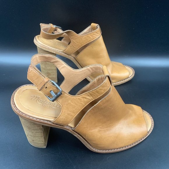 Madewell Sylvain Leather Peep Toe Heeled Mules Brown with Buckle Slingback Sz 10 - Picture 4 of 8